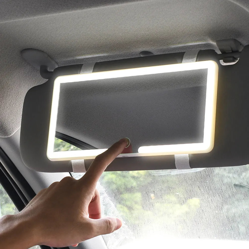 24cm automotive dimmable LED makeup mirror mounted on a car sun visor.