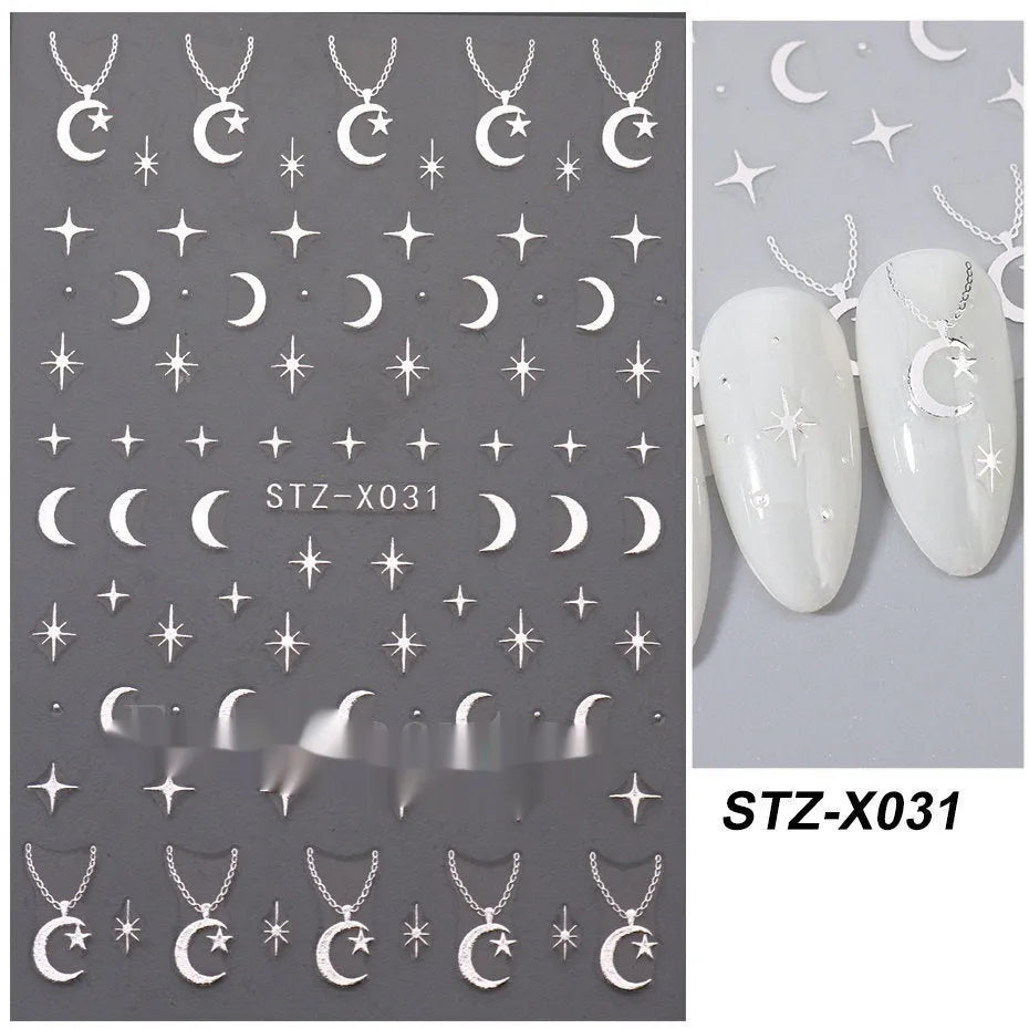 Black and silver stripe nail art sticker with a love pattern design on a plastic sheet.
