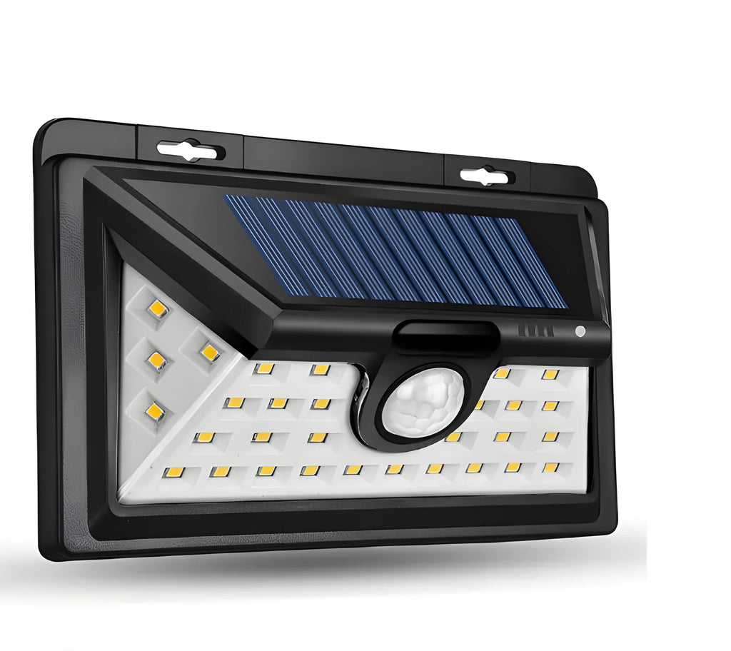 Black solar motion sensor light with monocrystalline solar panel for outdoor wall hanging installation