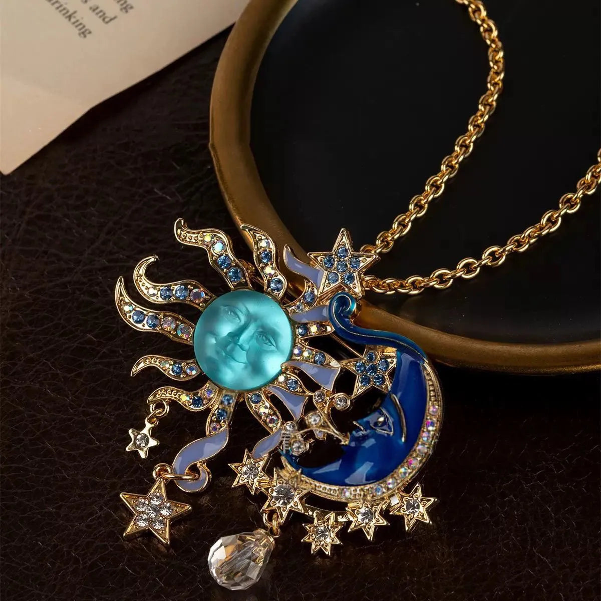 European antique Moen face sun moon pendant necklace with 925 silver brooch and adjustable alloy chain 51-60cm