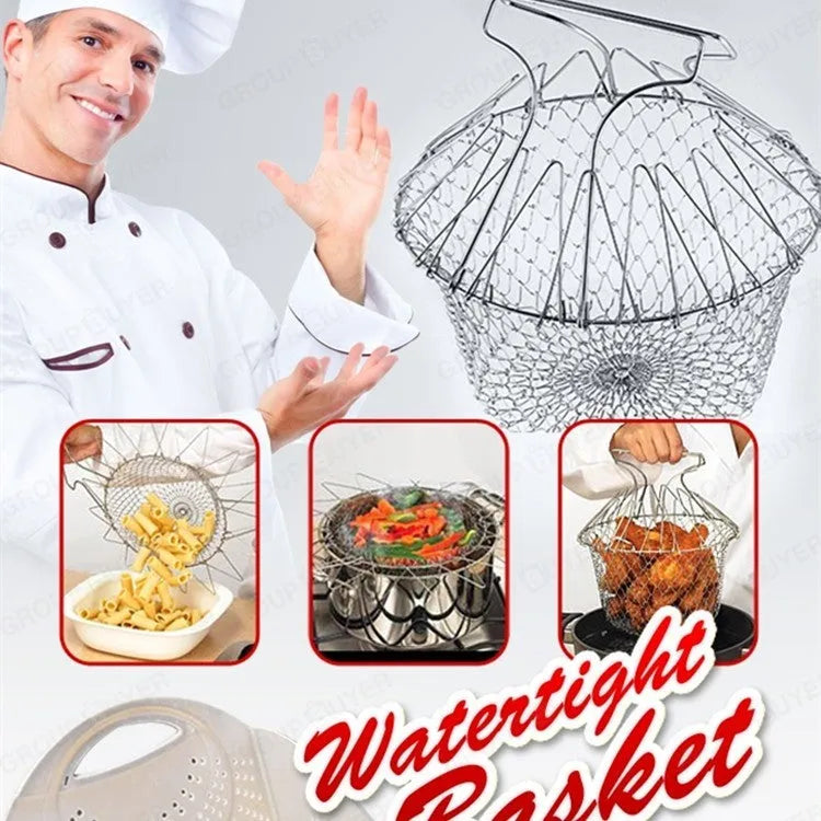 Stainless steel foldable deep fry basket with square grid design for kitchen use
