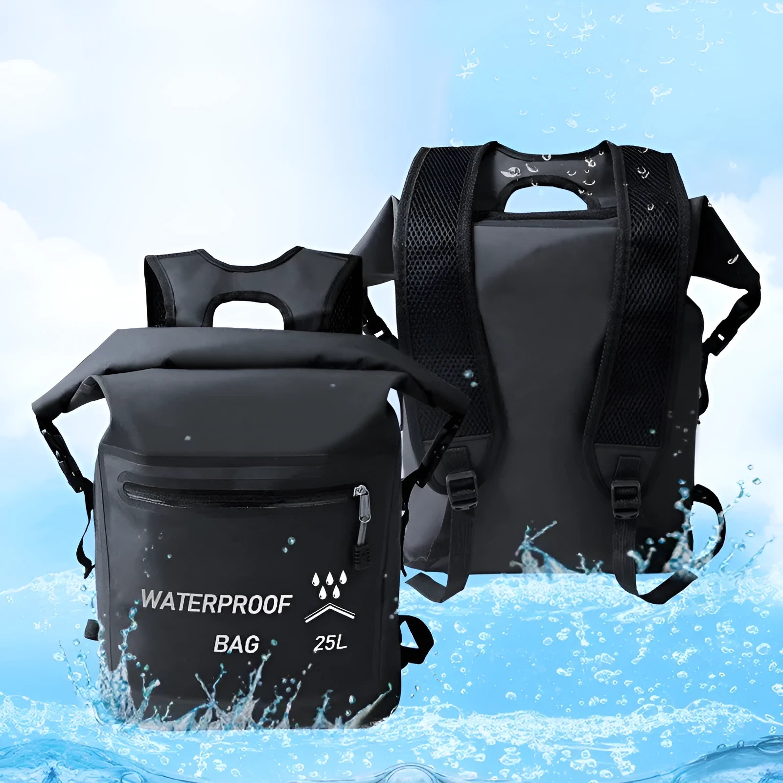 Black 25 litre waterproof backpack for outdoor water activities