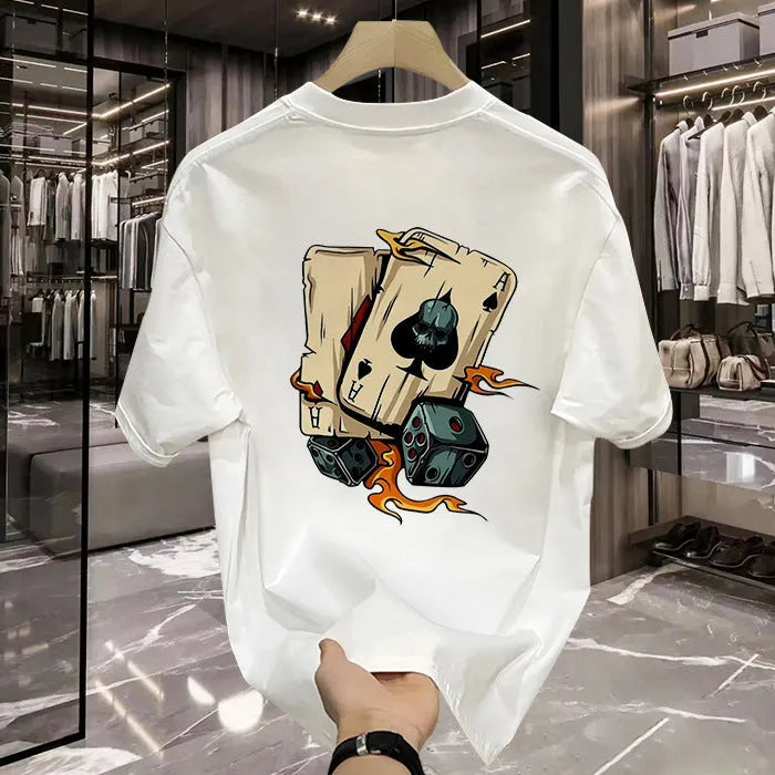 Man wearing a black printed short-sleeved cotton t-shirt, showcasing the front print design.