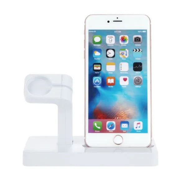 2 in 1 charging dock station for iPhone and Apple Watch with anti-slip silicone base in white