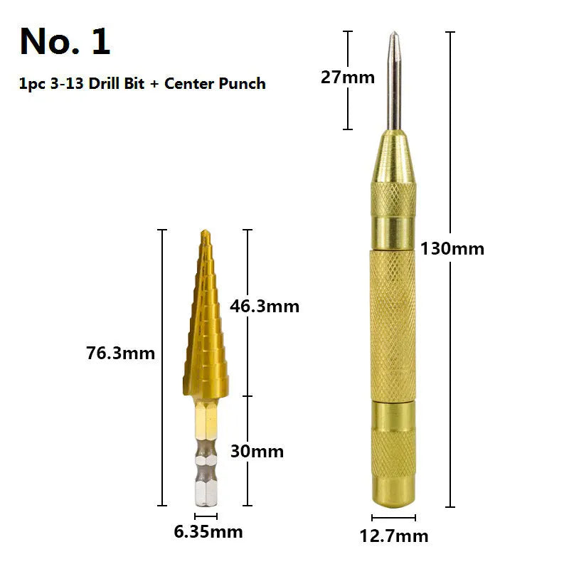High speed steel cone drill bit and centre punch set with multiple step drill sizes for metalworking