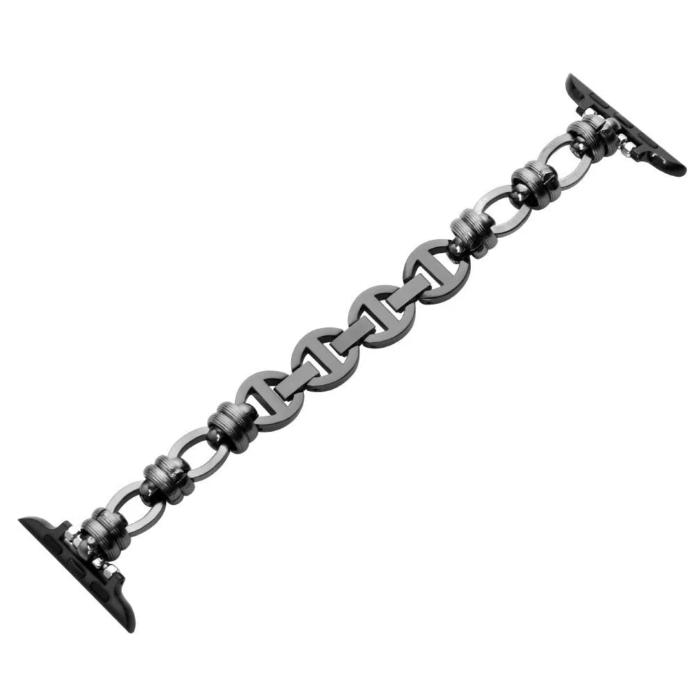 Stainless steel punk chain watch band for Apple Watch in silver finish on a wrist, showing chain links and custom connector