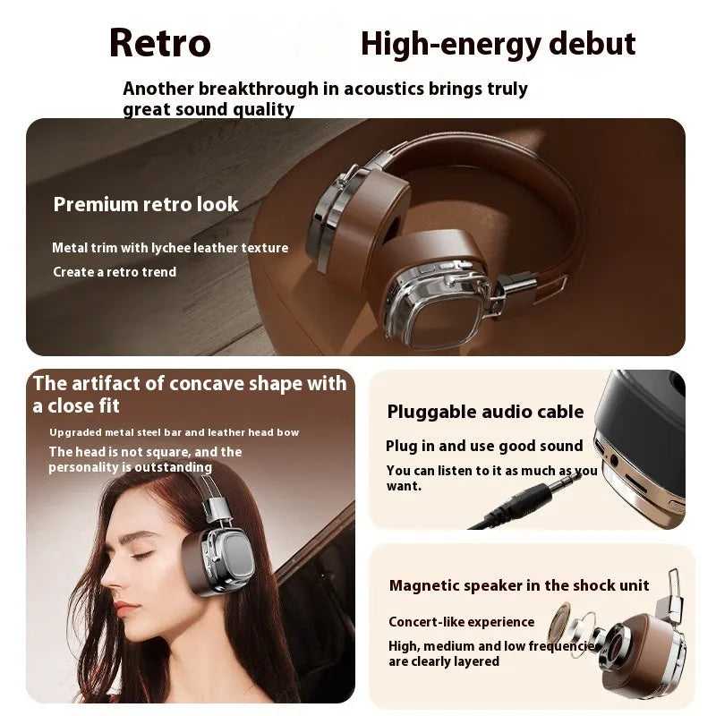 Retro wireless Bluetooth 5.3 head-mounted dynamic bass boost headset in silver brown colour