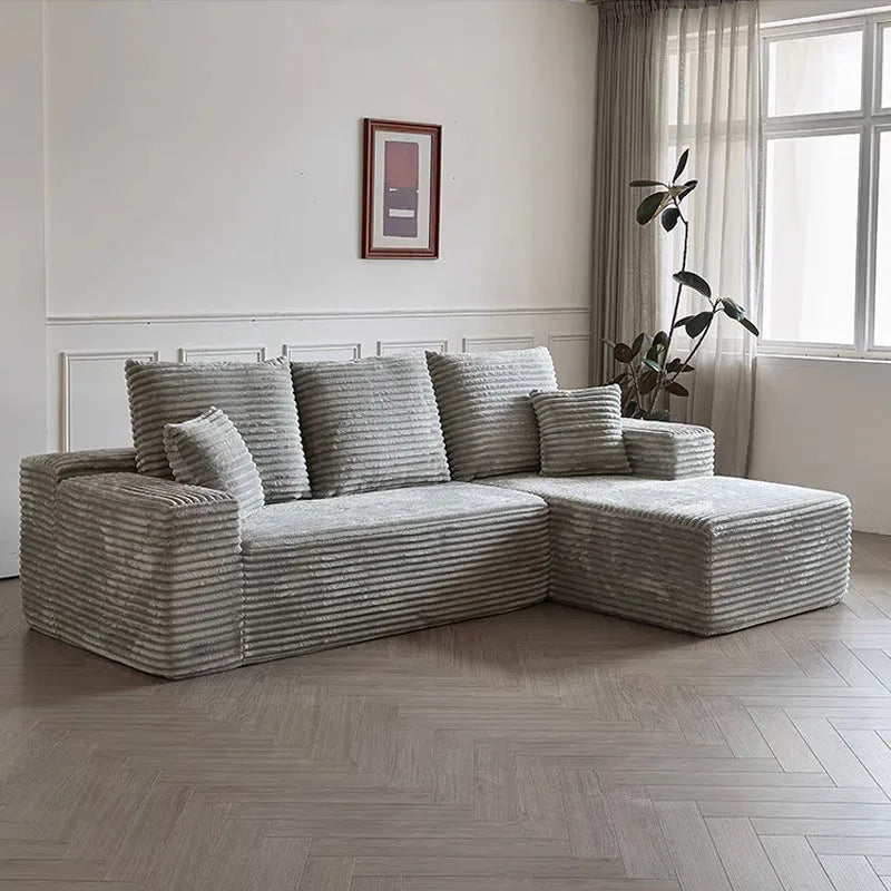Modern minimalist flannel sofa in beige with clean lines suitable for living room or office setting