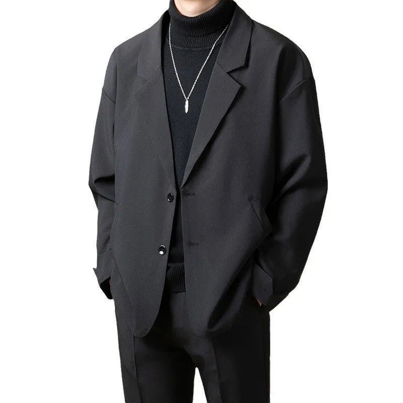 Casual loose fit polyester blend all-match suit jacket for men in black, dark gray, apricot, brown