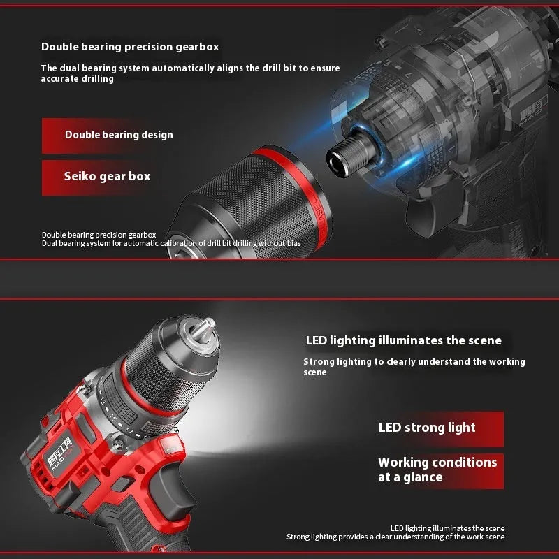 Brushless 21V lithium rechargeable impact electric drill with dual battery and multi-speed control