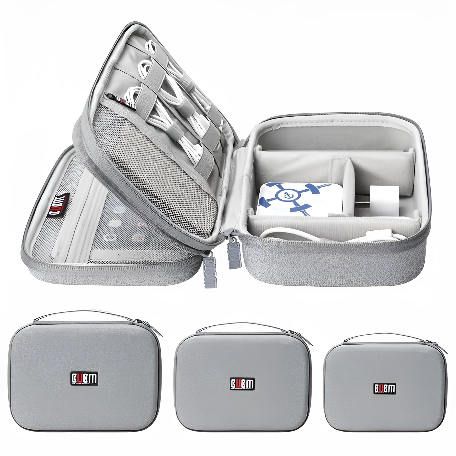 Simple modern EVA digital storage organiser bag for headphones and cables, shown in black or grey.