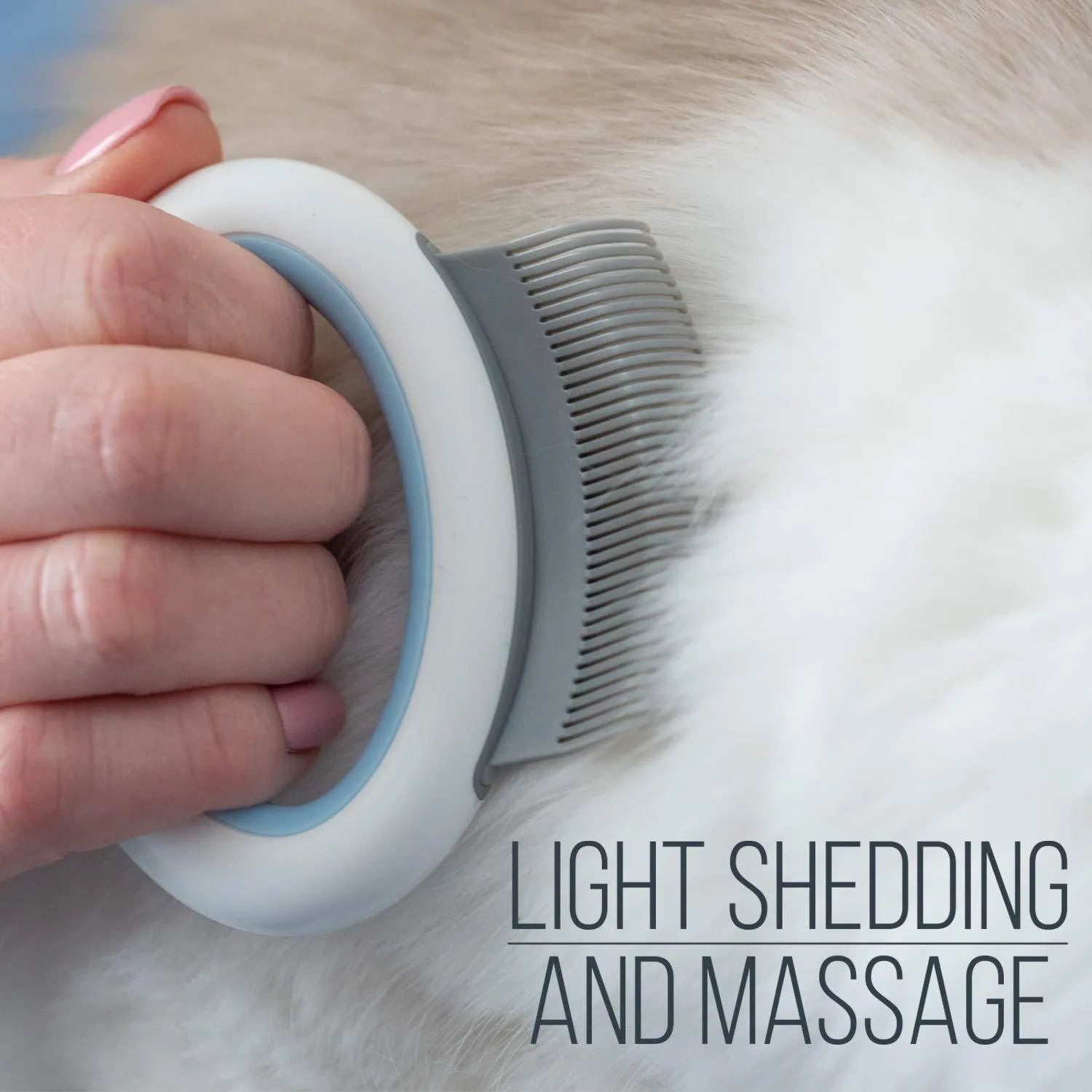 Blue pet grooming comb with ergonomic handle for deshedding cats and dogs