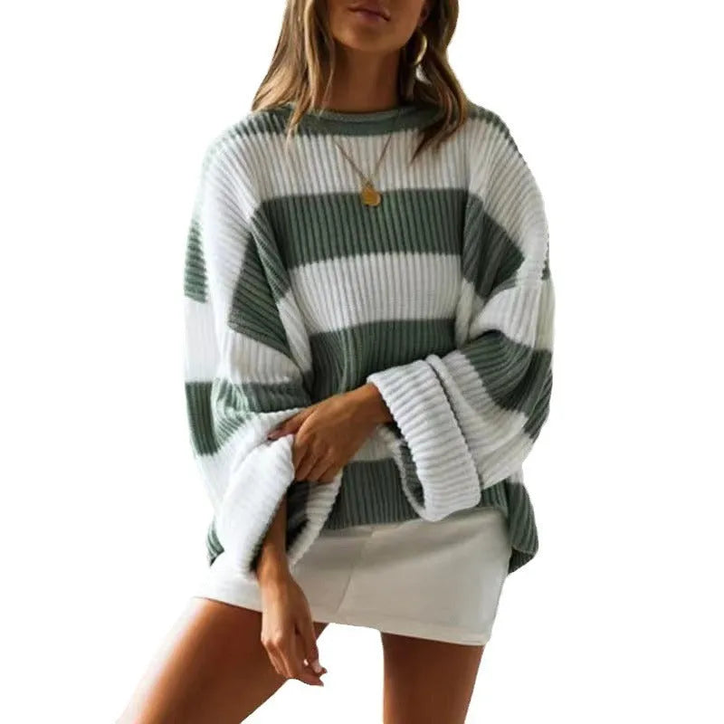 Women's striped pullover with bell sleeves and crocheted flower details in viscose fibre