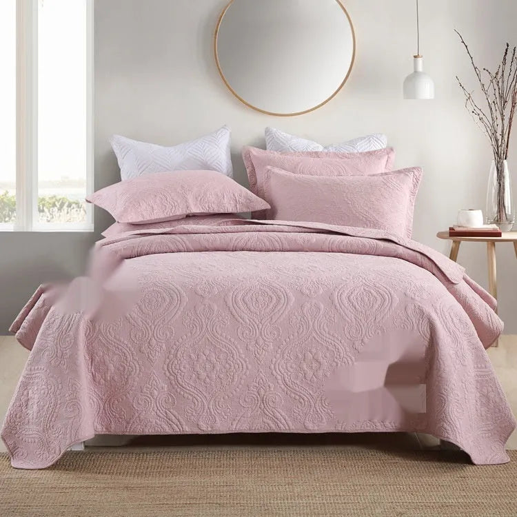 Pure cotton bed cover three-piece set shown in a light colour on a bed, featuring a quilt cover and sheet.