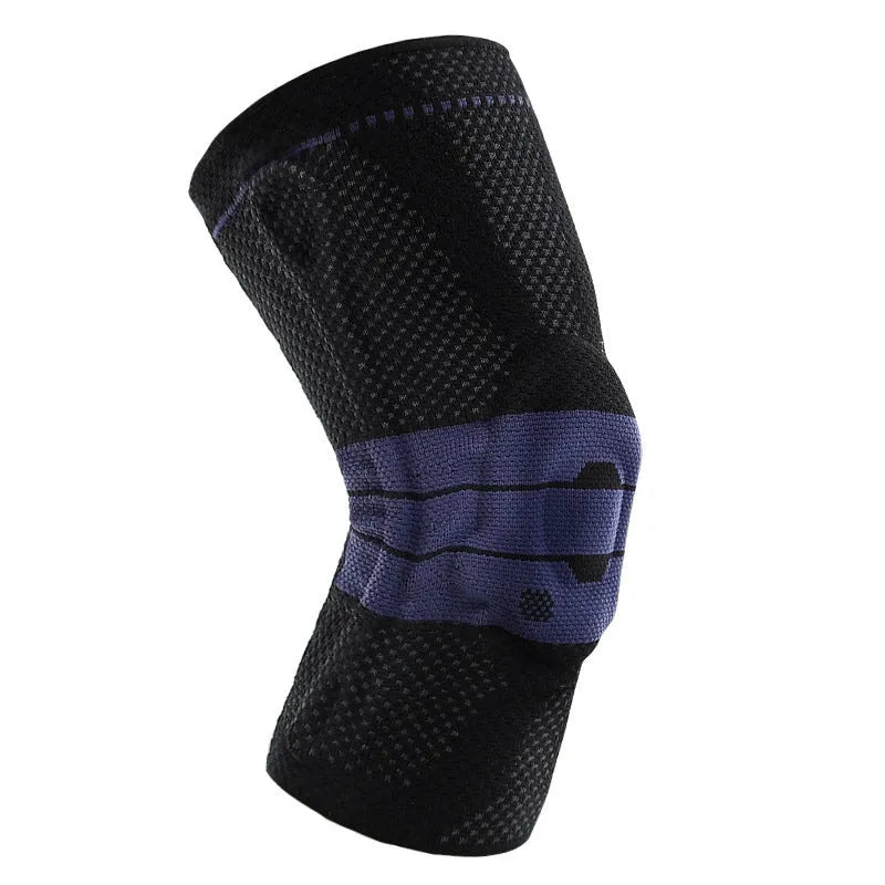 Adult basketball knee pads in nylon and spandex, sizes S M L XL, black and blue or grey and blue.
