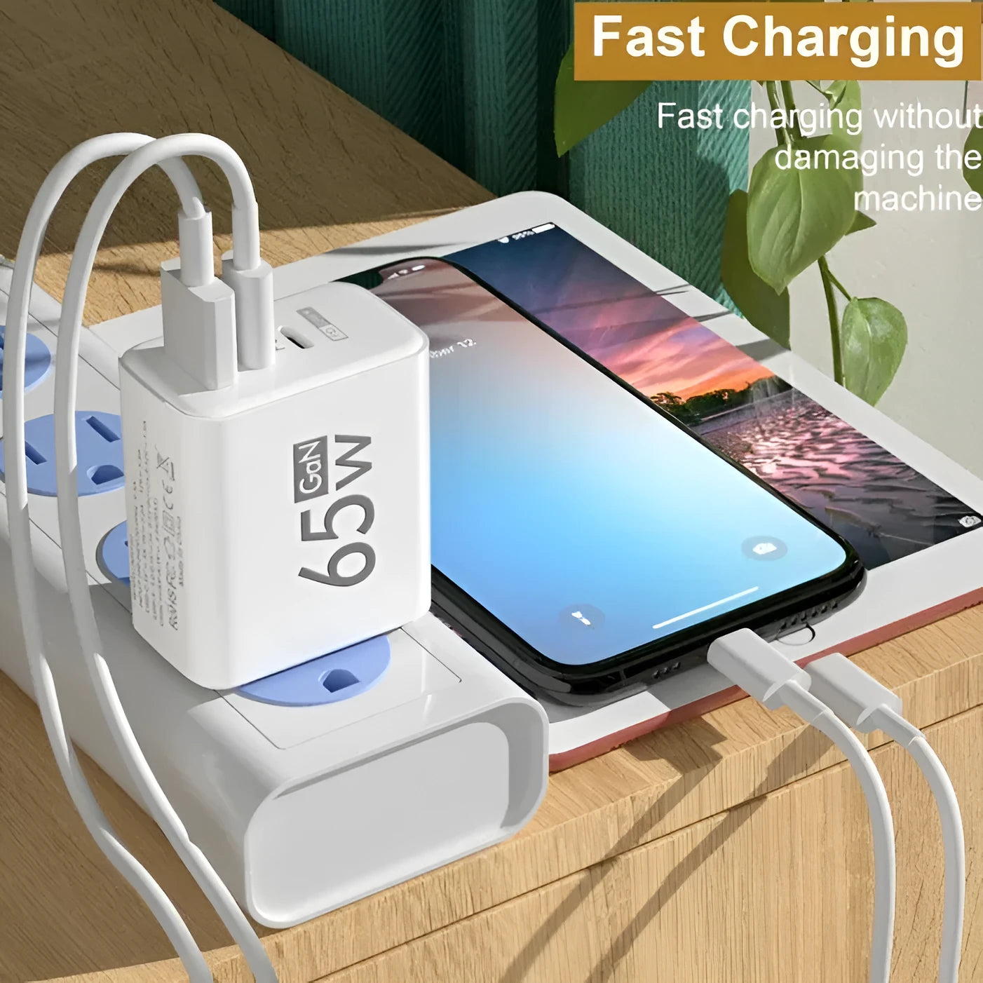 65W white frosted square multi-port charger with 1 USB and 2 PD ports on a white background
