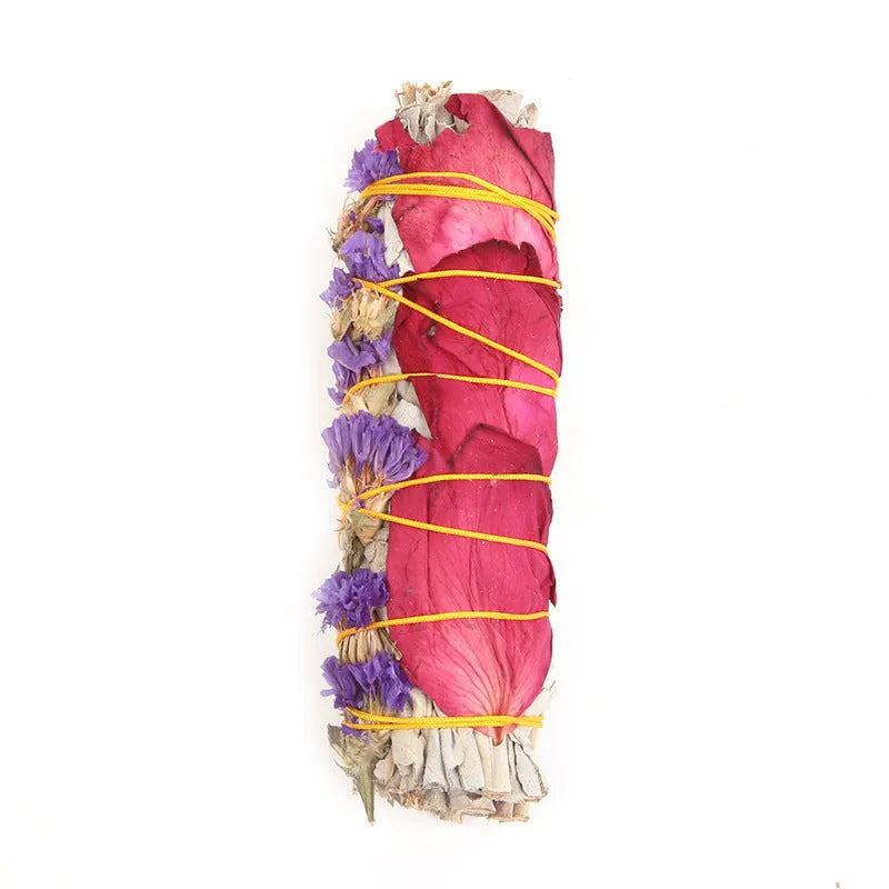 White sage and red rose petal incense bundle for fresh air with colourful dried botanicals