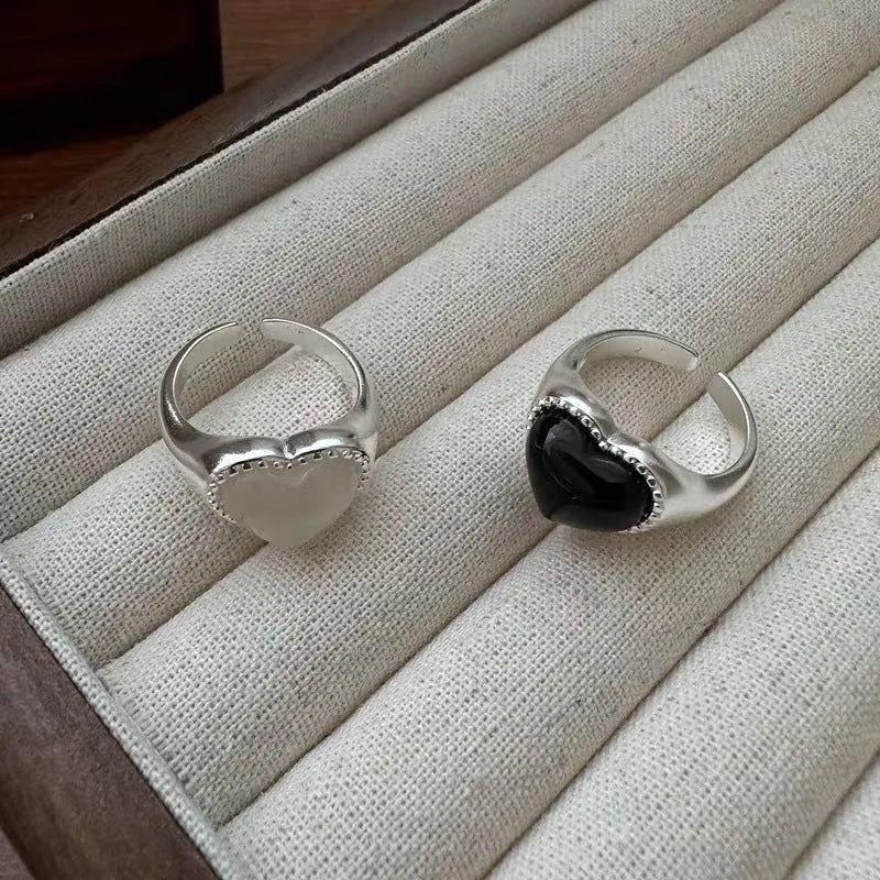 S925 sterling silver ring with black heart agate stone and adjustable opening