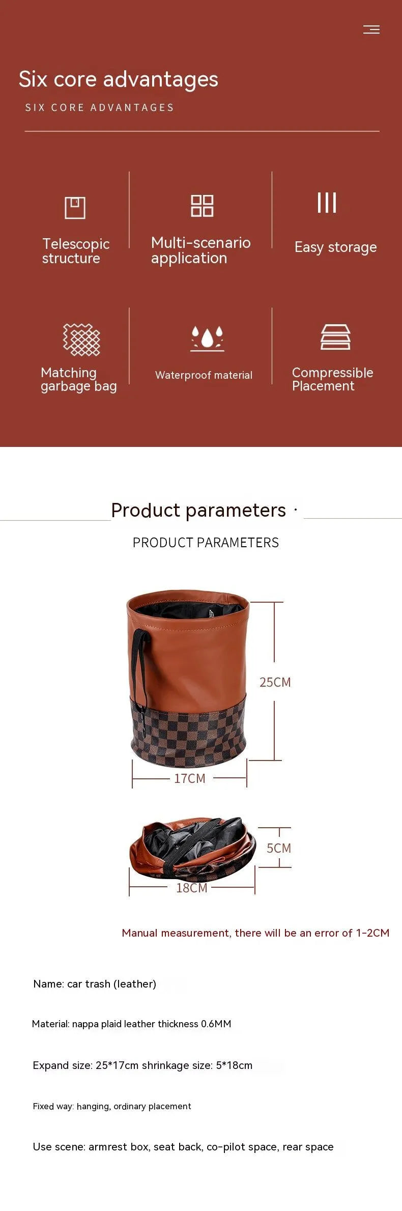 Retractable leather car bin in folded and expanded states showing handle and waterproof construction