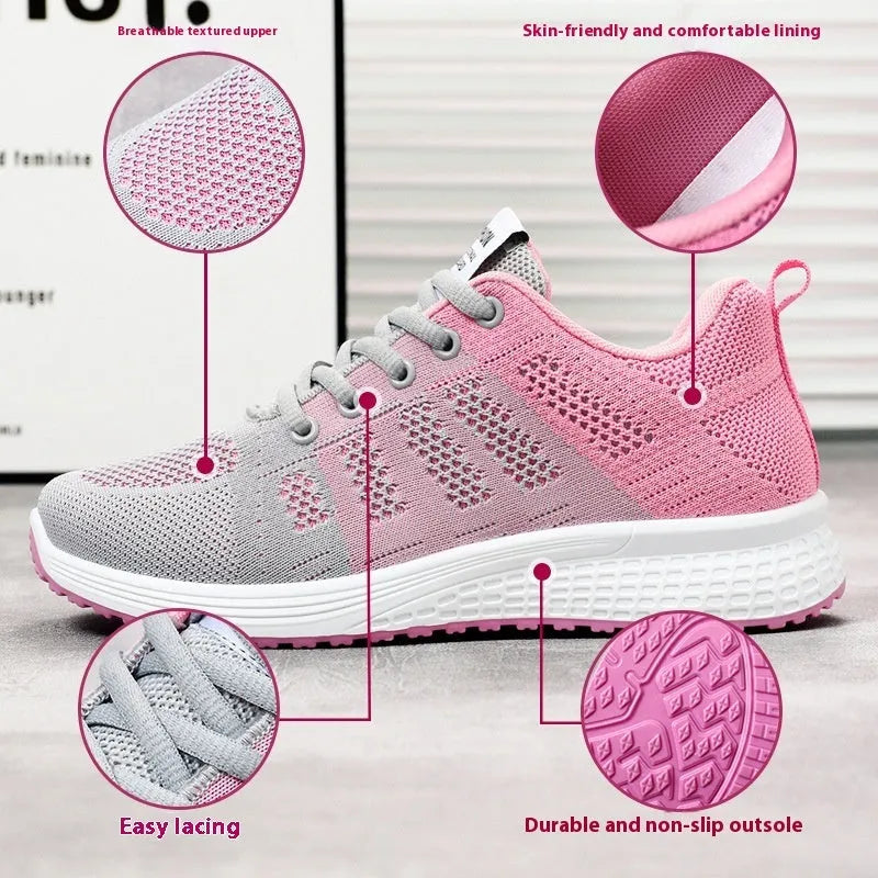Women's Flyknit running shoes in black, rose red, or gray pink with a soft sole and flat heel.