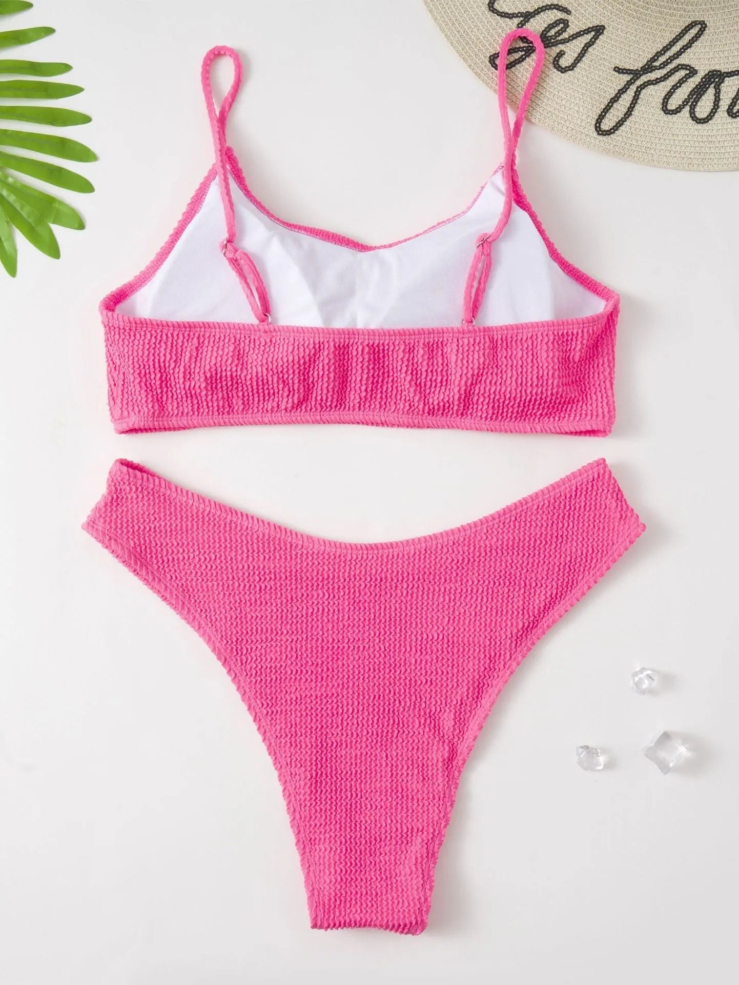 Plus-size solid colour pink bikini two-piece set with chest pad sized L to 4XL for women