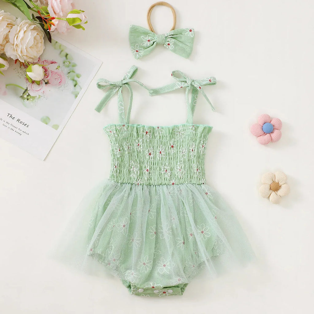 Baby girl mesh camisole princess dress with bowknot headwear in cotton, available in pink violet green and creamy-white
