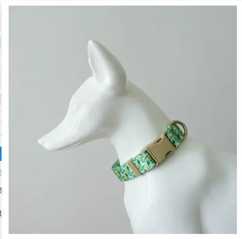 Floral pattern nylon ribbon dog collar in hanada blue with adjustable sizing for small to large dogs