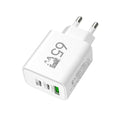 65W white frosted square multi-port charger with 1 USB and 2 PD ports on a white background