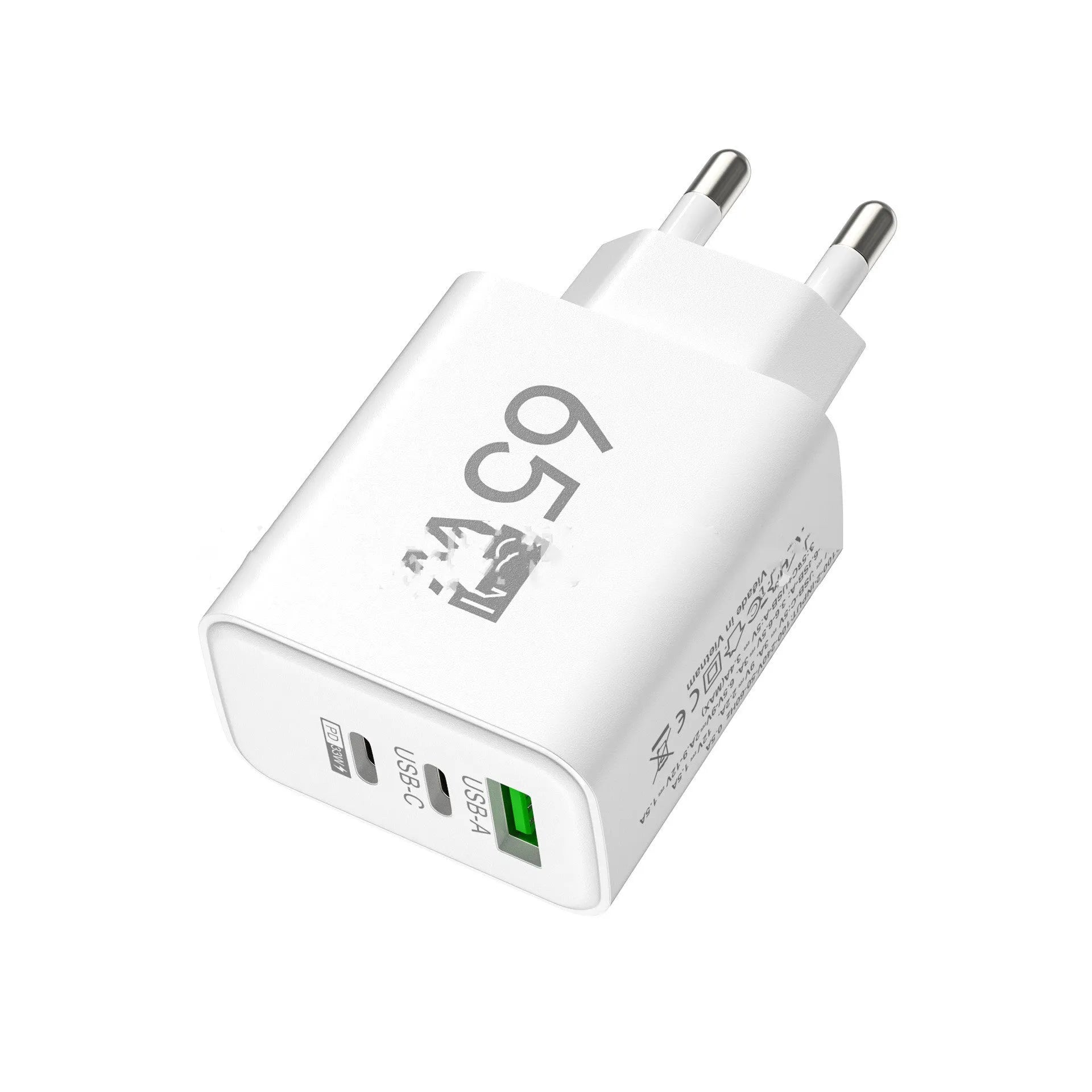 65W white frosted square multi-port charger with 1 USB and 2 PD ports on a white background
