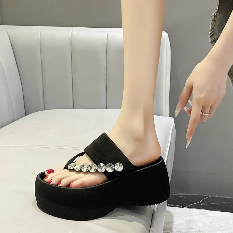 Women's black satin thick-soled flip-flops with rhinestone detail, round head, rubber sole, size 34-40