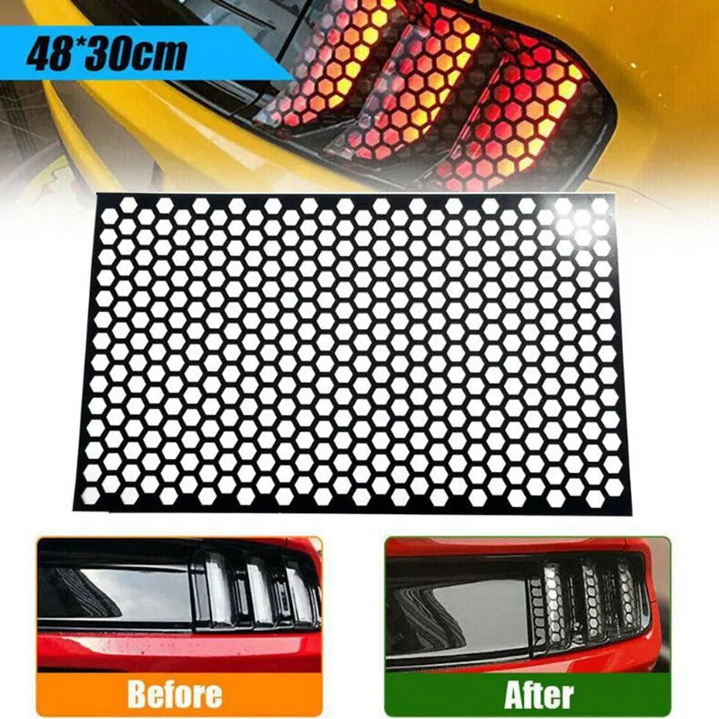 Honeycomb pattern car taillight sticker set showing carbon fibre, colourful and black finishes