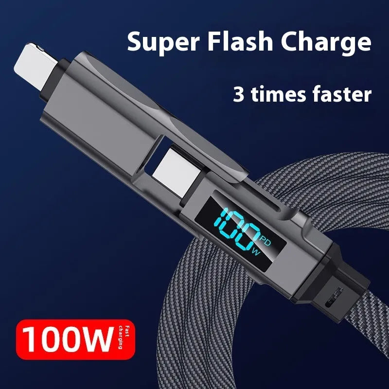 Black four-in-one charging cable with digital display and zinc alloy connectors on a surface