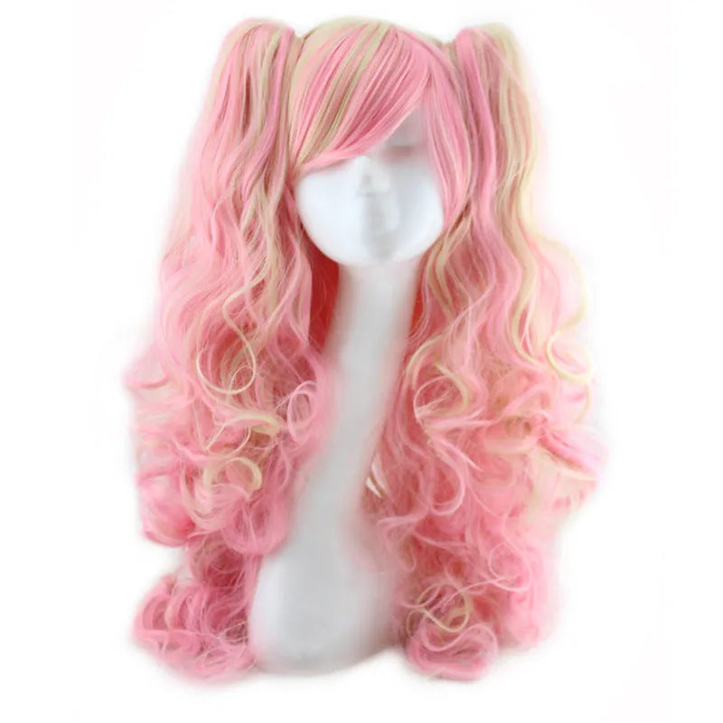 Colorful long curly synthetic wig with high temperature wire hairline in a pink gold colour option