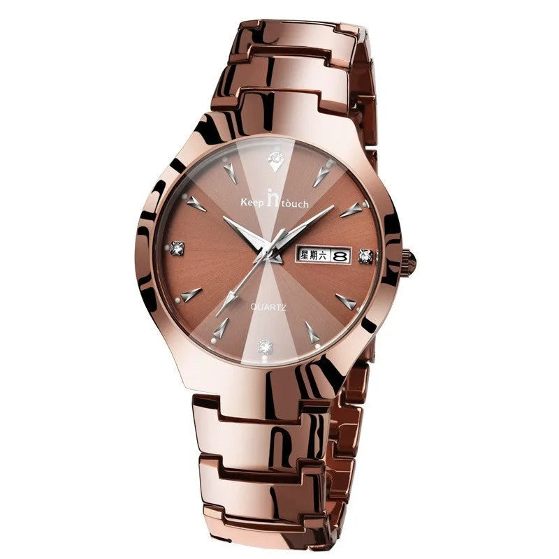 Luminous couple calendar quartz watch with 38mm round alloy case and mineral glass, available in silver black