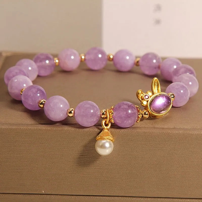 Mauve jade hare head charm bracelet with crystal band in Mori style design