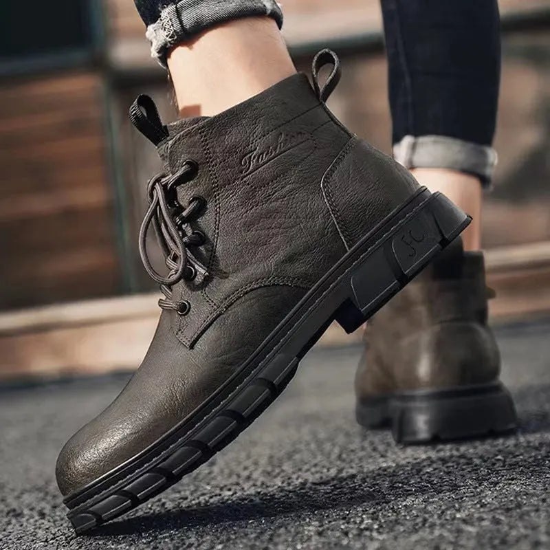 Men's black PU leather high-top Martin boots with stitching, square heel, and front lacing
