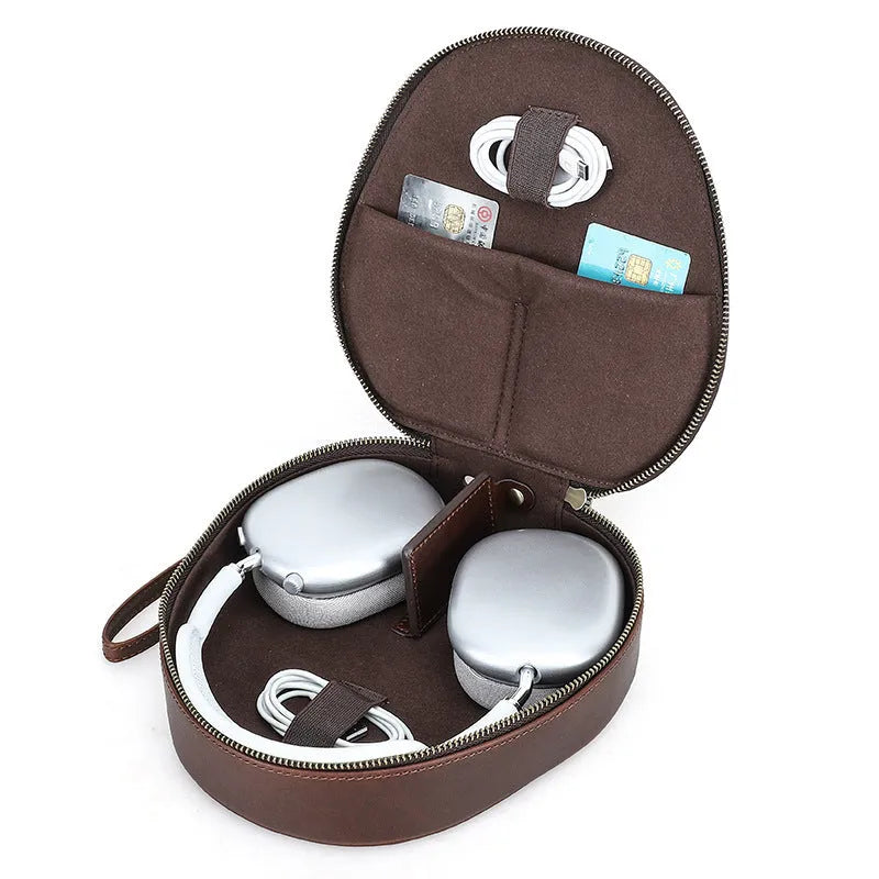 Brown genuine leather earphone bag with lanyard designed for Apple AirPods Max