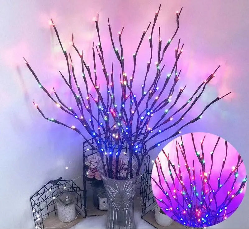 LED decorative tree light with silver artificial branches in vase base showing multiple colour options