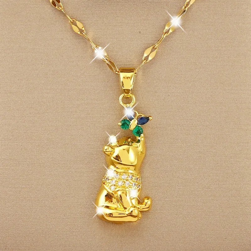 Gold electroplated copper necklace with micro inlaid zircon bear and butterfly, heart pendant, lip chain 41-50cm