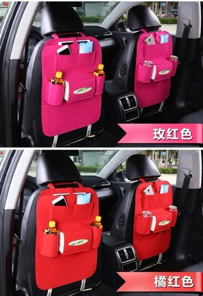 Multi-purpose auto seat organizer bag in wool felt, 33cm x 14cm x 5.5cm, black colour, on car seat back