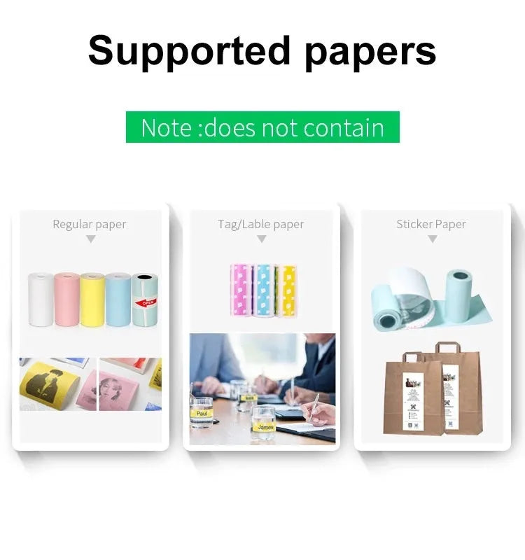 Mini Bluetooth wireless thermal printer in white, pink, and blue, compact 79x42x79mm size