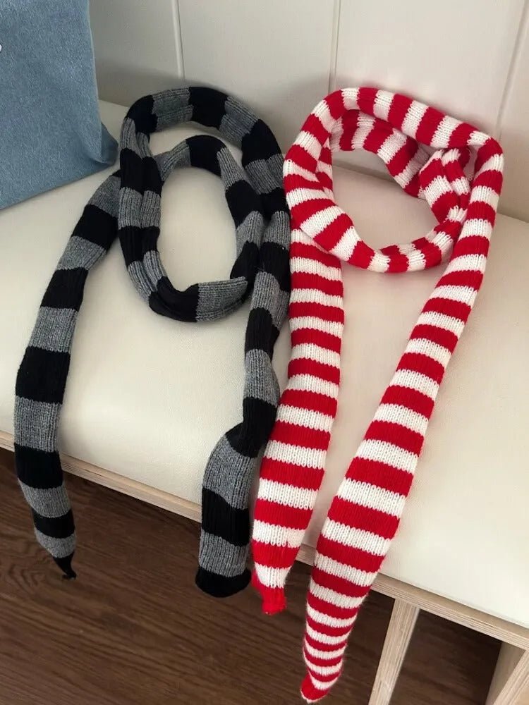 Black and white striped thickened wool decorative thin scarf unisex knitted yarn winter accessory