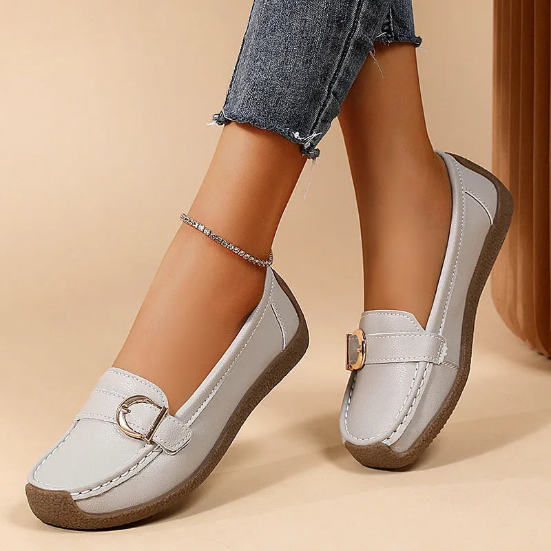 Beige women's casual loafers flat shoes with round toe and shallow mouth design