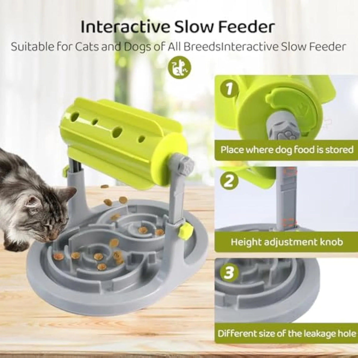 Interactive dog cat food puzzle toy slow feeder with adjustable height in blue, green, and pink colours