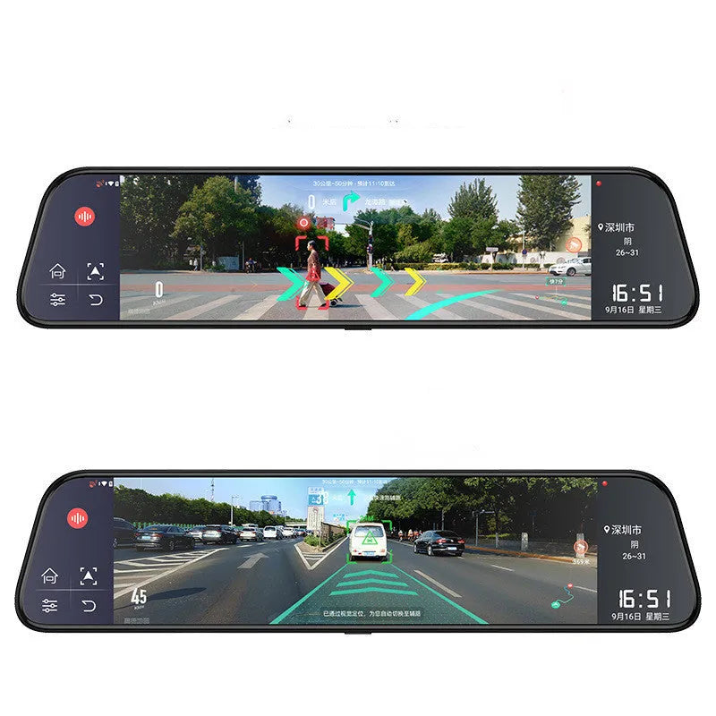 12-inch rearview mirror tachograph with touch screen display showing navigation and dual camera feeds