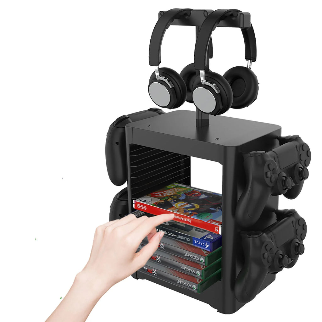 Black ABS game controller storage rack holding PS5 and Xbox controllers with headphones on top
