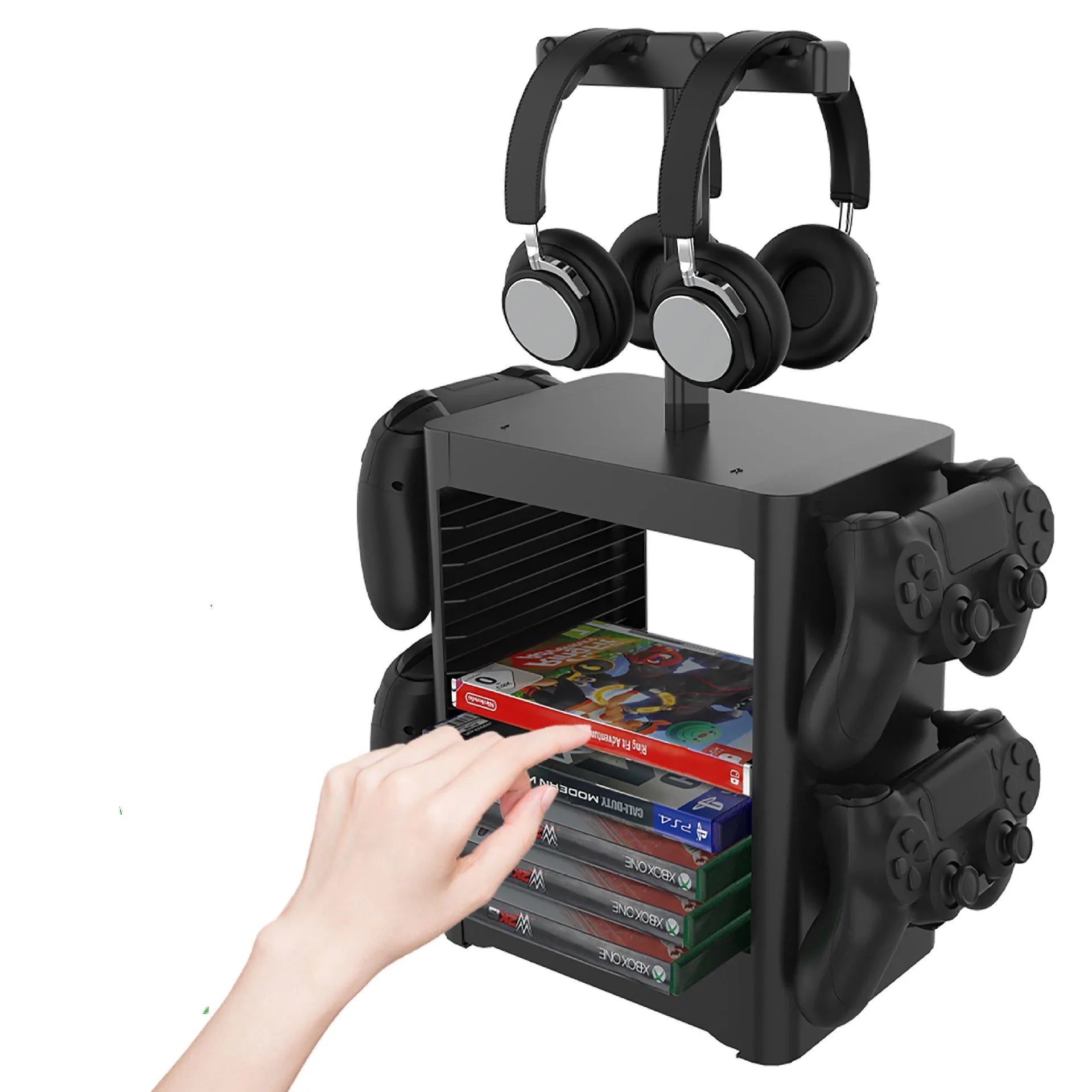 Black ABS game controller storage rack holding PS5 and Xbox controllers with headphones on top