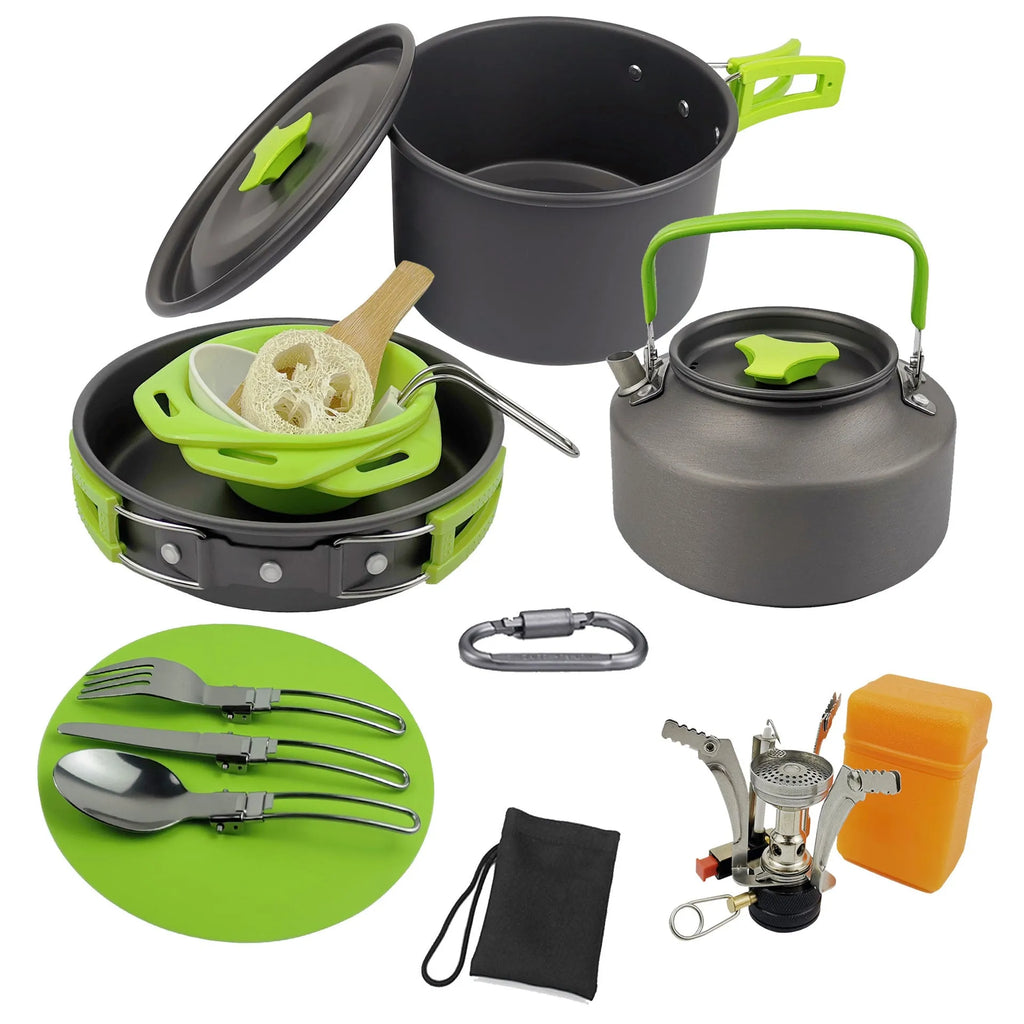 Green camping teapot set with kettle, frying pan, boiling pot, burner, and cutlery for 2-3 people
