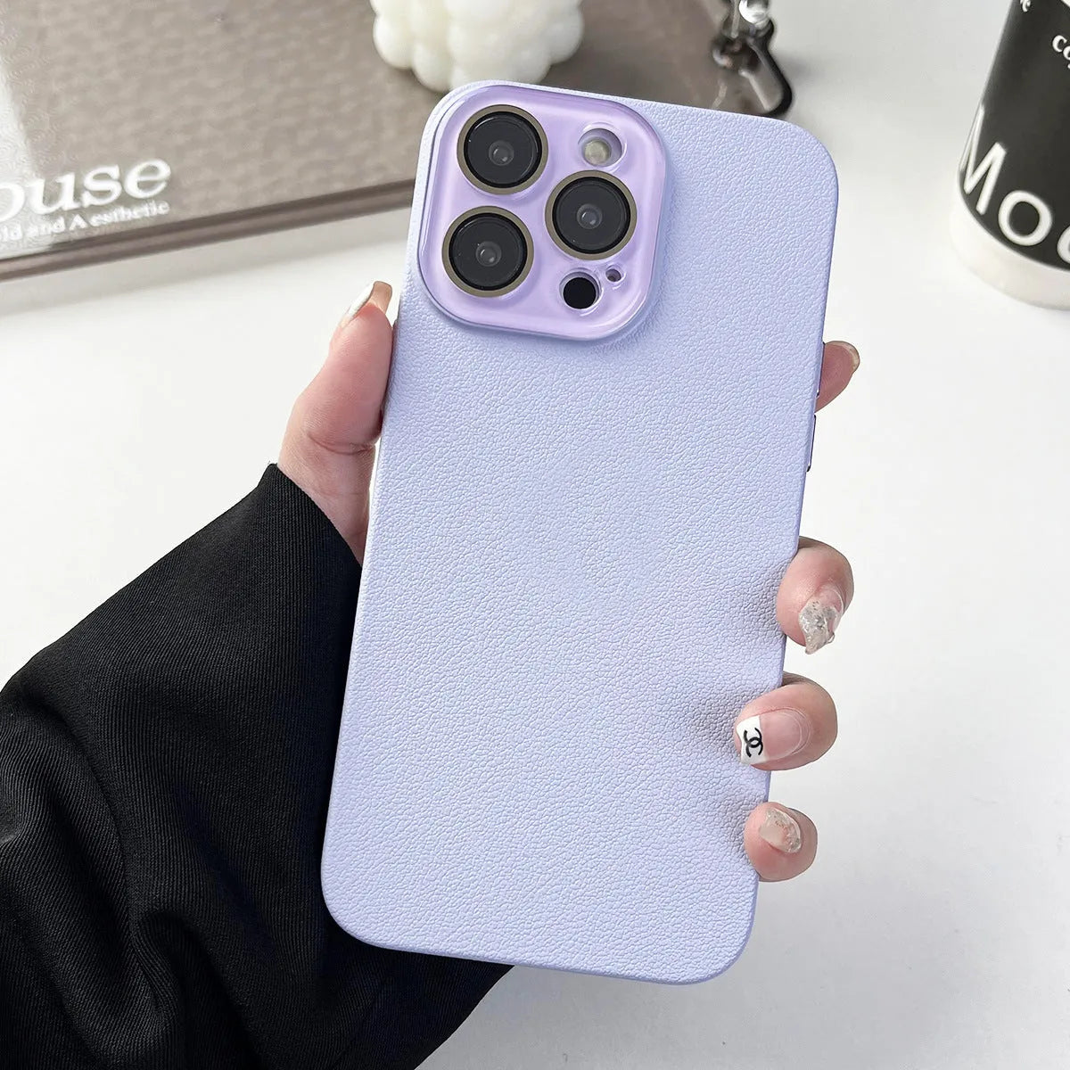 Solid colour lychee pattern PC phone case for iPhone 12-14 series drop protection in taro purple