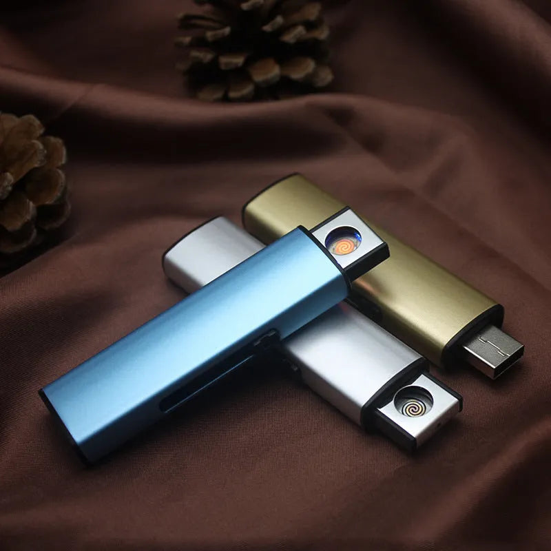 Set of 20 rechargeable metal windproof cigarette lighters in assorted colours with USB charging cable.